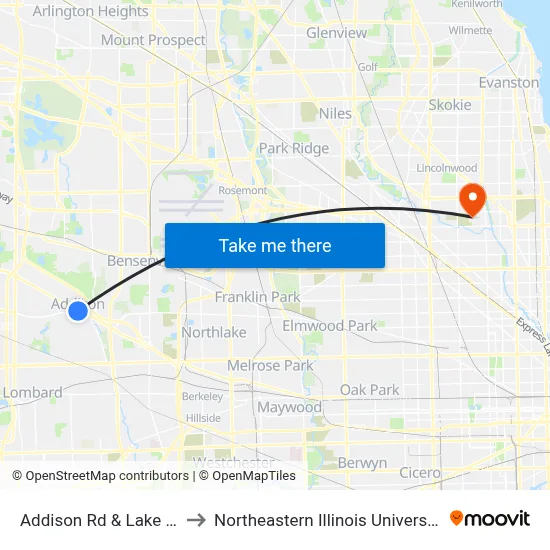 Addison Rd & Lake St to Northeastern Illinois University map