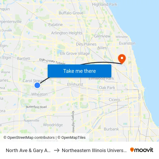 North Ave & Gary Ave to Northeastern Illinois University map