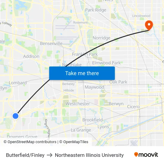 Butterfield/Finley to Northeastern Illinois University map