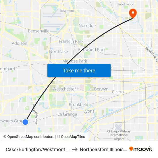 Cass/Burlington/Westmont Metra Station to Northeastern Illinois University map