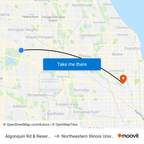 Algonquin Rd & Reserve Dr to Northeastern Illinois University map