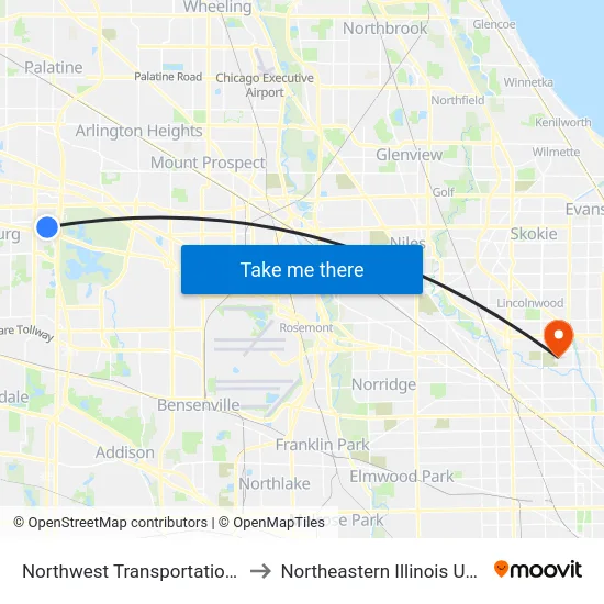 Northwest Transportation Center to Northeastern Illinois University map