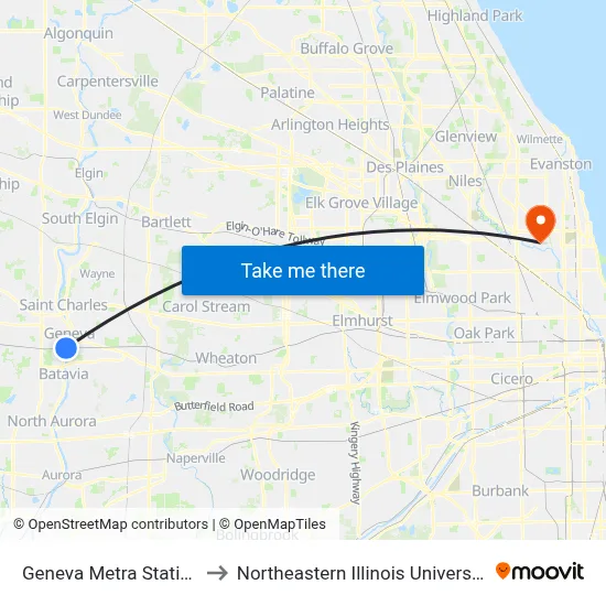 Geneva Metra Station to Northeastern Illinois University map