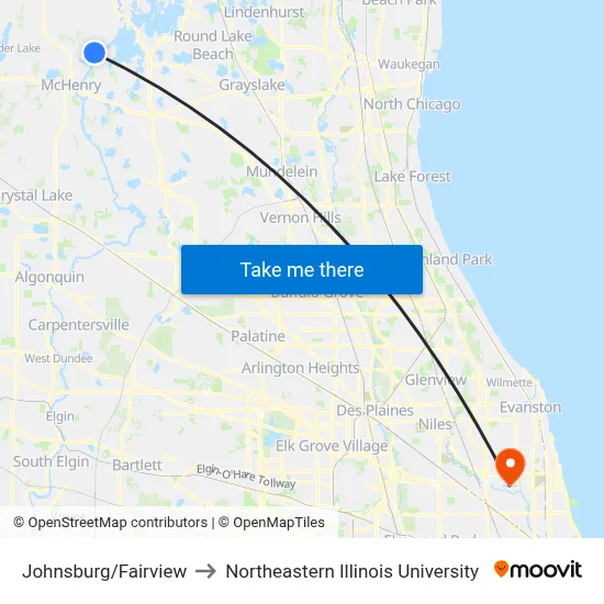 Johnsburg/Fairview to Northeastern Illinois University map