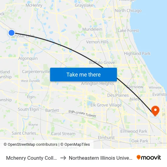 Mchenry County College to Northeastern Illinois University map