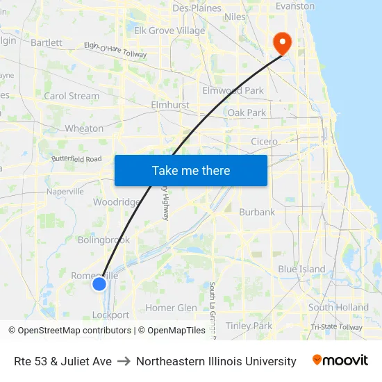 Rte 53 & Juliet Ave to Northeastern Illinois University map