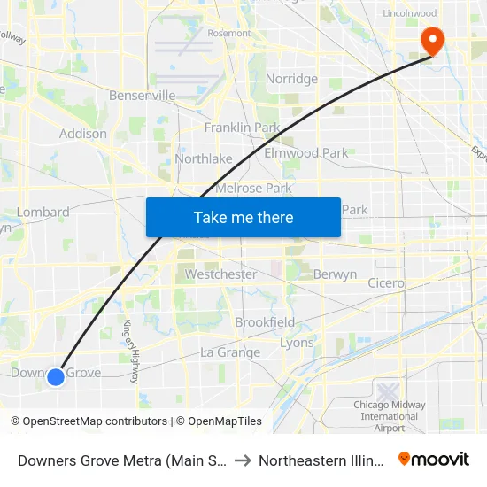 Downers Grove Metra (Main St & Burlington Ave) to Northeastern Illinois University map