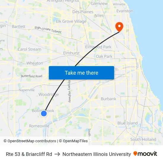 Rte 53 & Briarcliff Rd to Northeastern Illinois University map