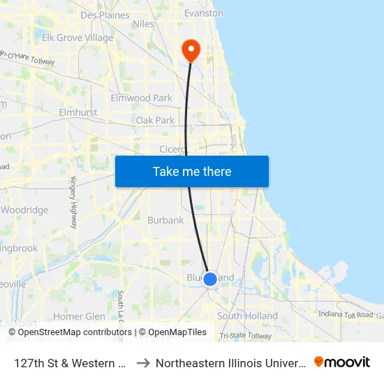 127th St & Western Ave to Northeastern Illinois University map