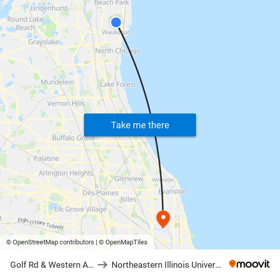 Golf Rd & Western Ave to Northeastern Illinois University map
