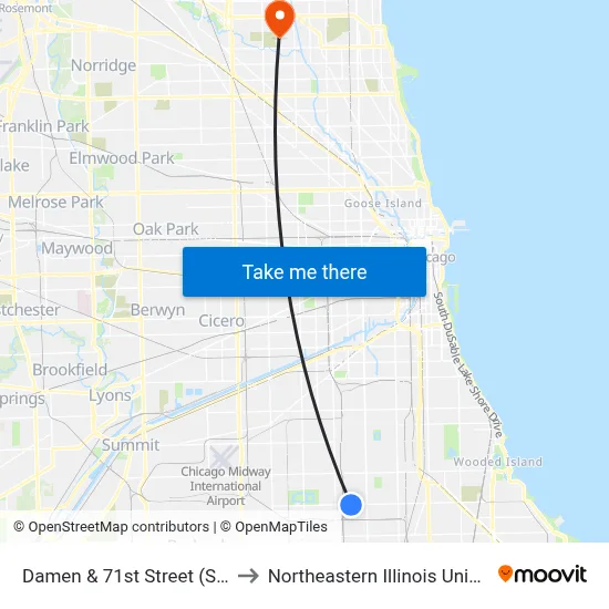 Damen & 71st Street (South) to Northeastern Illinois University map