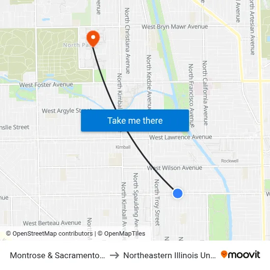 Montrose & Sacramento (West) to Northeastern Illinois University map