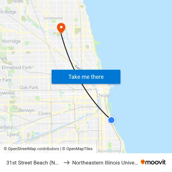 31st Street Beach (North) to Northeastern Illinois University map