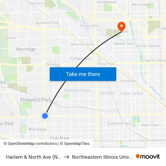 Harlem & North Ave (North) to Northeastern Illinois University map