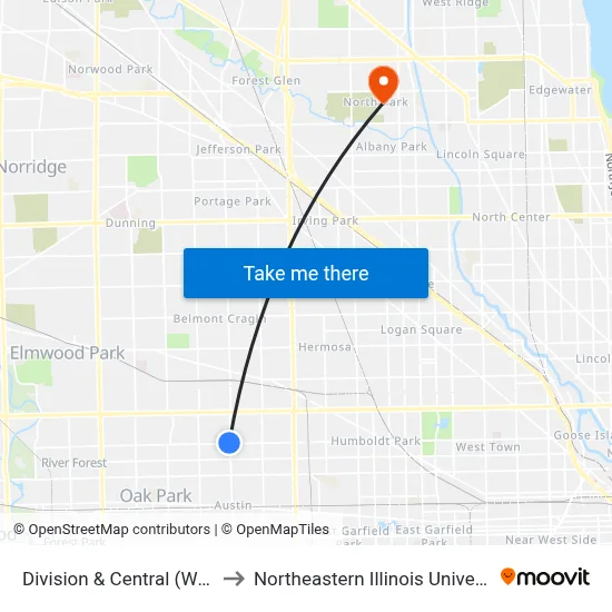 Division & Central (West) to Northeastern Illinois University map
