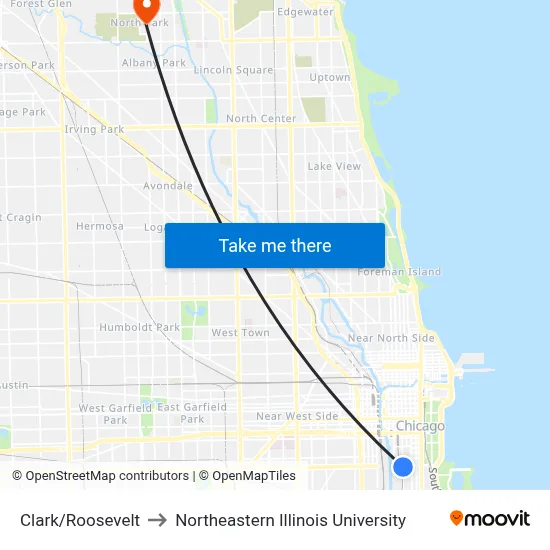 Clark/Roosevelt to Northeastern Illinois University map
