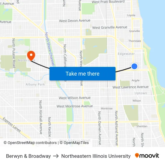 Berwyn & Broadway to Northeastern Illinois University map