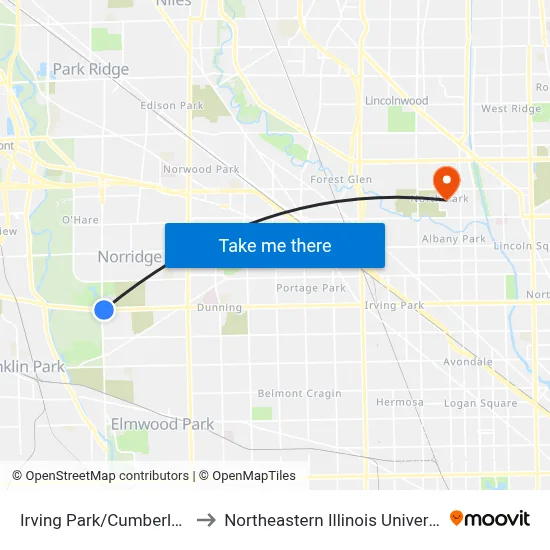 Irving Park/Cumberland to Northeastern Illinois University map
