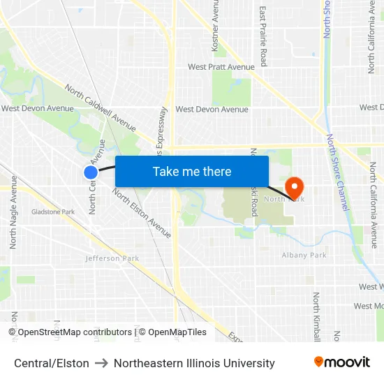 Central/Elston to Northeastern Illinois University map