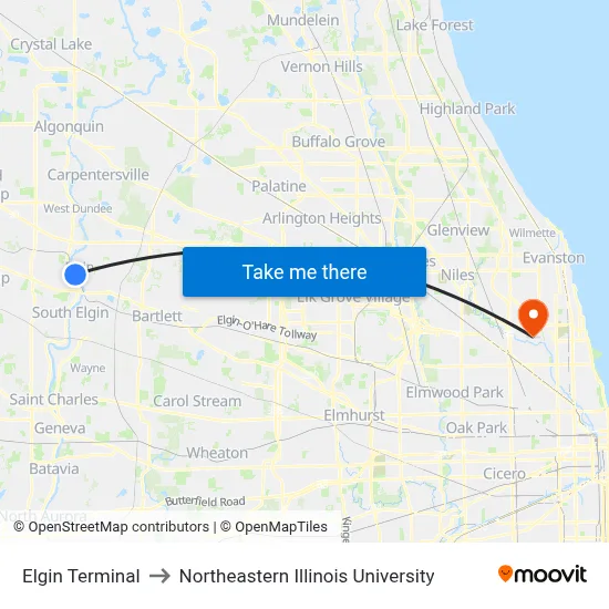 Elgin Terminal to Northeastern Illinois University map