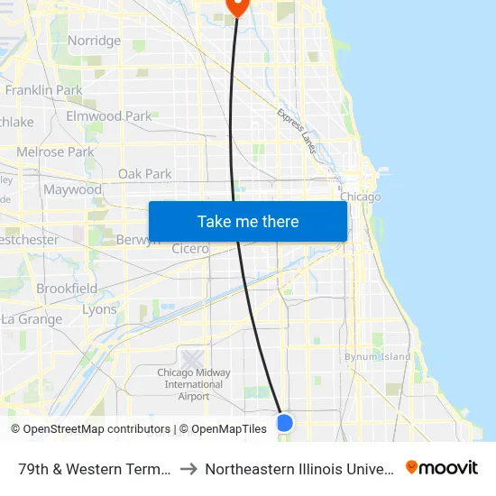 79th & Western Terminal to Northeastern Illinois University map