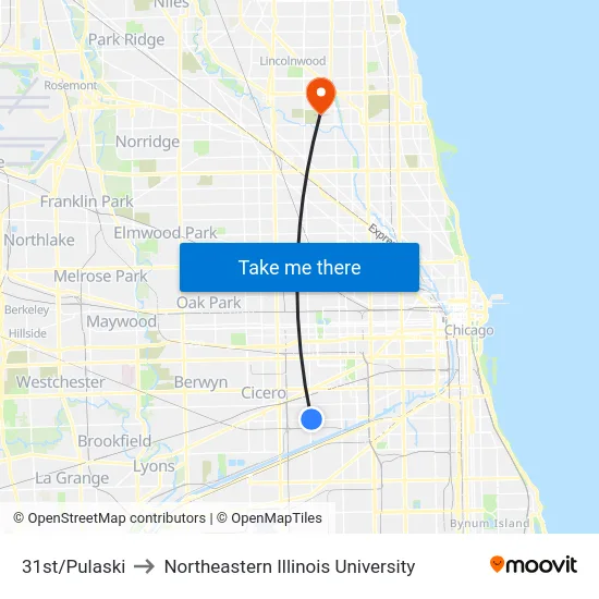 31st/Pulaski to Northeastern Illinois University map