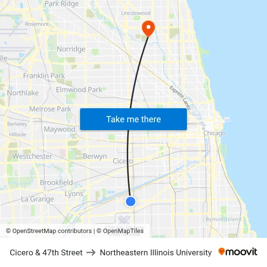 Cicero & 47th Street to Northeastern Illinois University map
