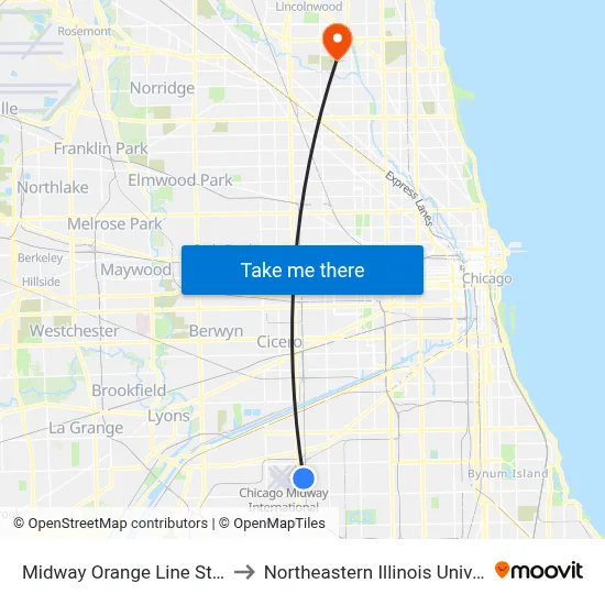 Midway Orange Line Station to Northeastern Illinois University map