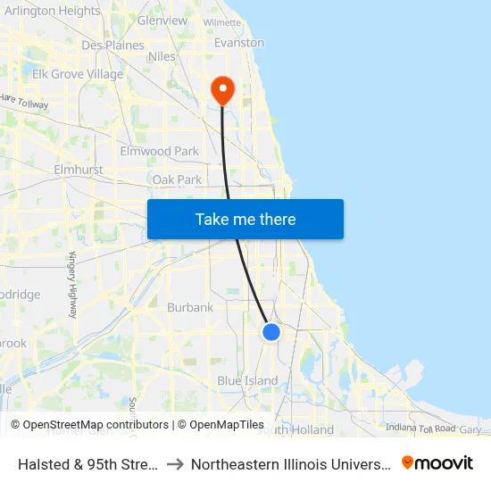 Halsted & 95th Street to Northeastern Illinois University map
