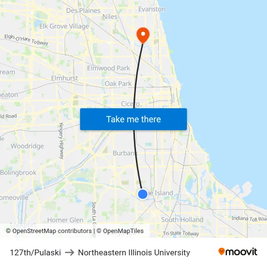 127th/Pulaski to Northeastern Illinois University map