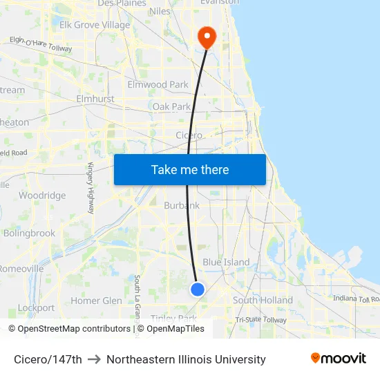 Cicero/147th to Northeastern Illinois University map