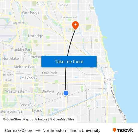 Cermak/Cicero to Northeastern Illinois University map