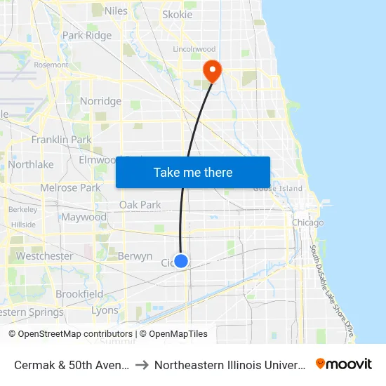 Cermak & 50th Avenue to Northeastern Illinois University map