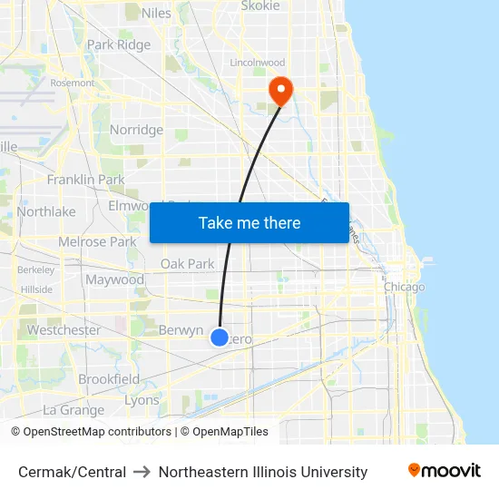 Cermak/Central to Northeastern Illinois University map
