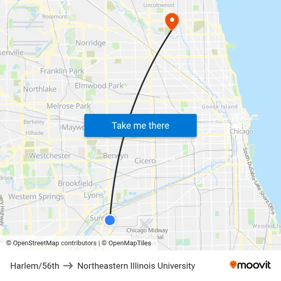Harlem/56th to Northeastern Illinois University map