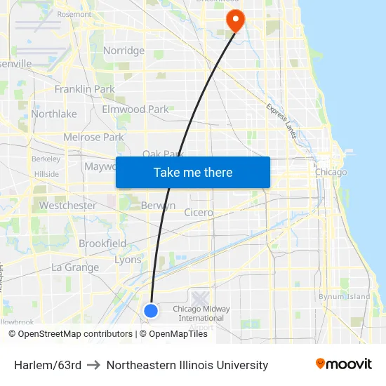 Harlem/63rd to Northeastern Illinois University map