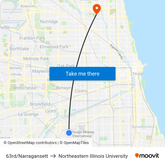 63rd/Narragansett to Northeastern Illinois University map
