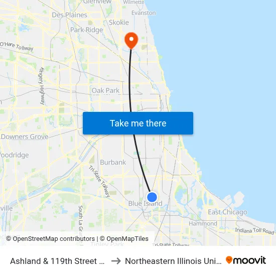 Ashland & 119th Street (North) to Northeastern Illinois University map