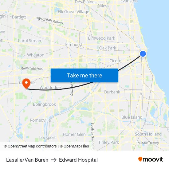 Lasalle/Van Buren to Edward Hospital map