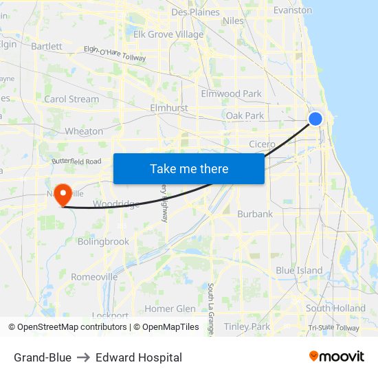 Grand-Blue to Edward Hospital map