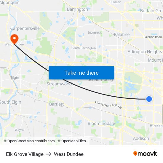 Elk Grove Village to West Dundee map