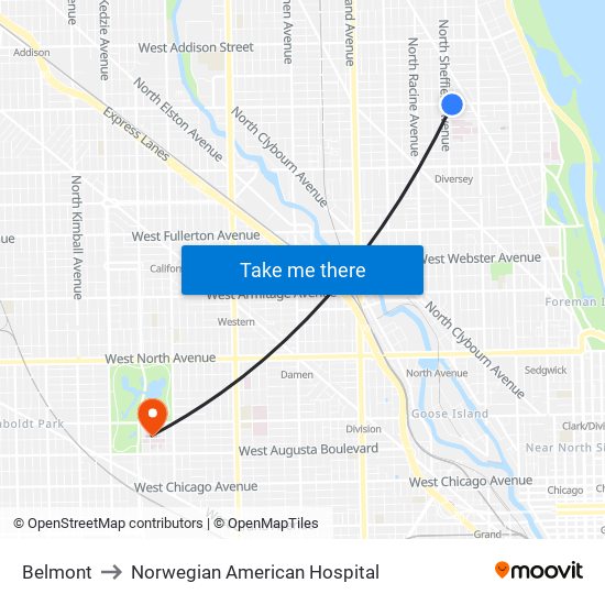Belmont to Norwegian American Hospital map