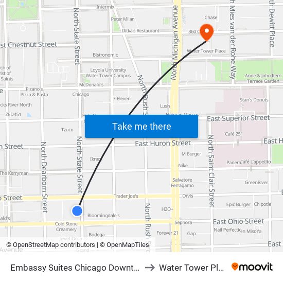 Embassy Suites Chicago Downtown to Water Tower Place map