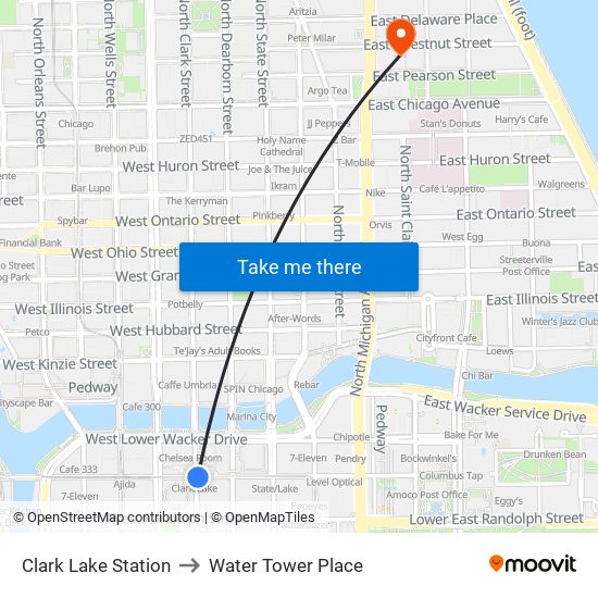 Clark Lake Station to Water Tower Place map
