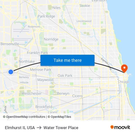 Elmhurst IL USA to Water Tower Place map