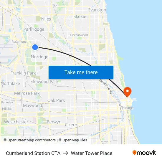 Cumberland Station CTA to Water Tower Place map