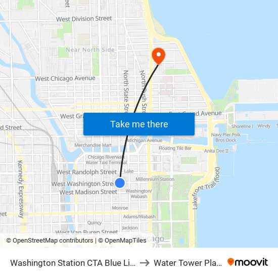 Washington Station CTA Blue Line to Water Tower Place map