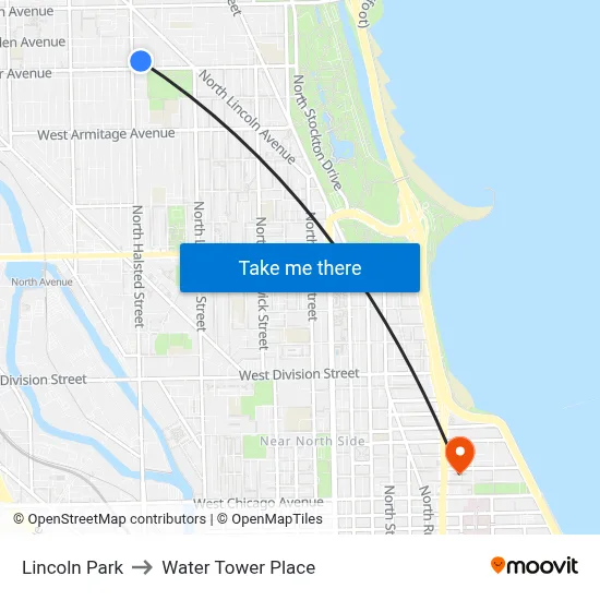 Lincoln Park to Water Tower Place map