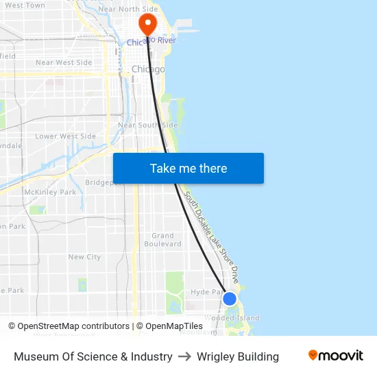 Museum Of Science & Industry to Wrigley Building map