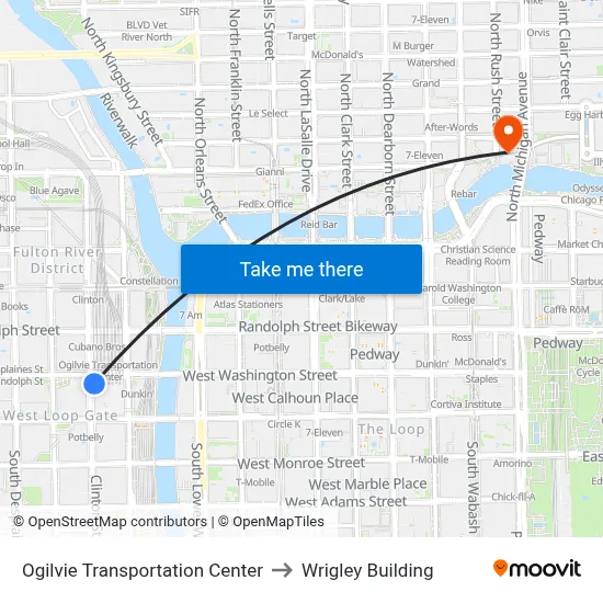 Ogilvie Transportation Center to Wrigley Building map